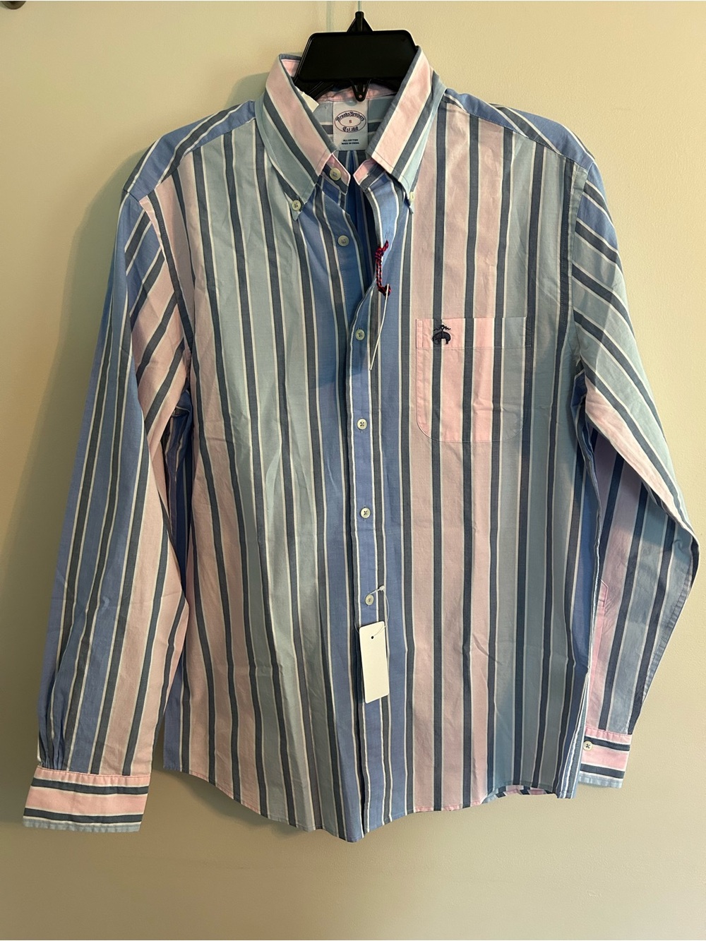 Brooks Brothers Blue and Pink Vertical Stripe Cotton Button-Down Shirt